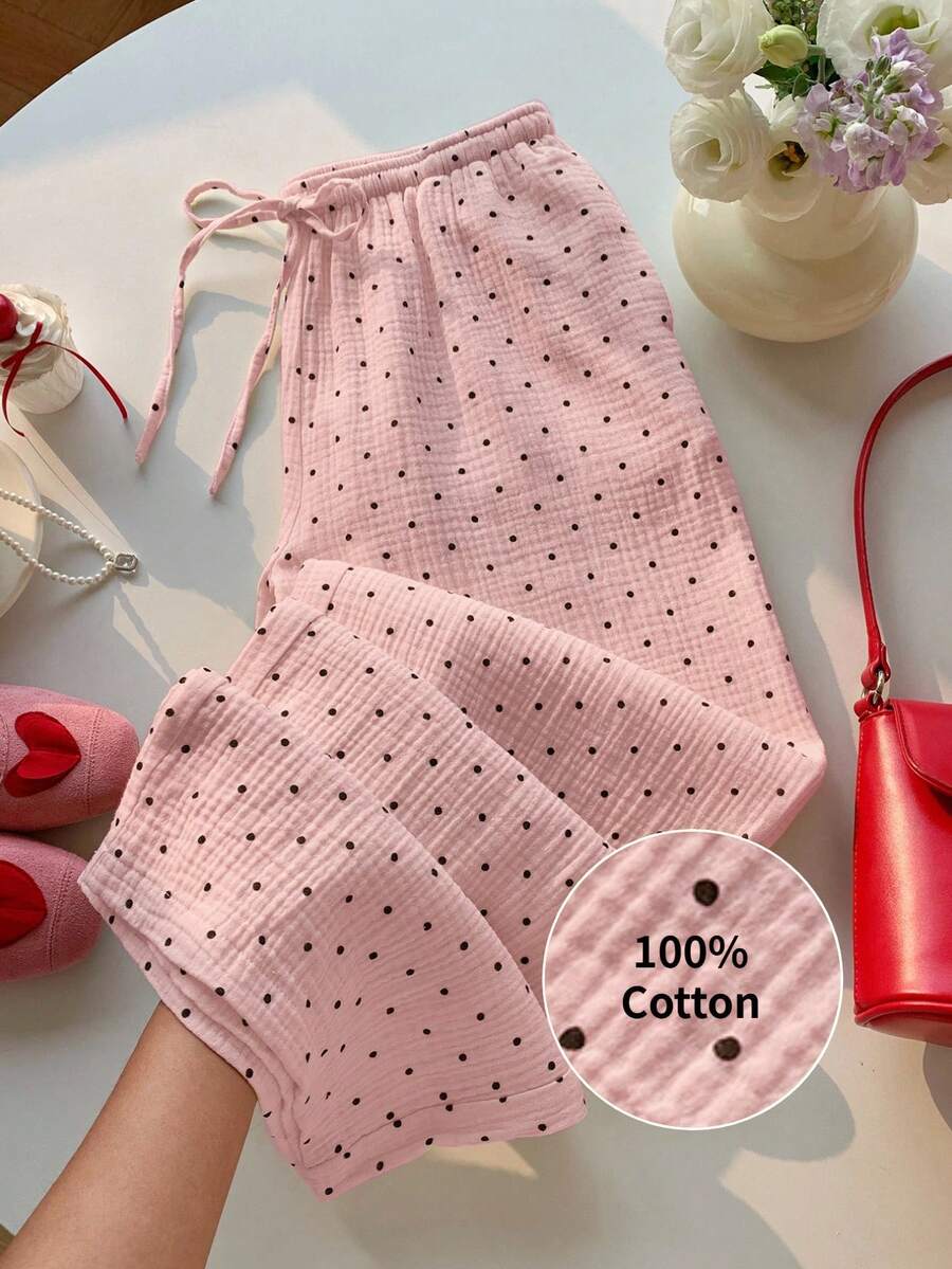SHEIN EZwear Women's Casual Vacation & Commute Polka Dot Print Drawstring Waist Loose Wide Leg Pants - Baby Pink - View 1