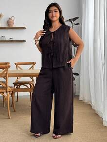 Enliva Plus Size Women's Summer Solid Color Tie Front Top And Pants Set, Casual Elegant Vacation Outfit, For Apple And Rounded Body Shape Bussines Brown - Brown - View 5