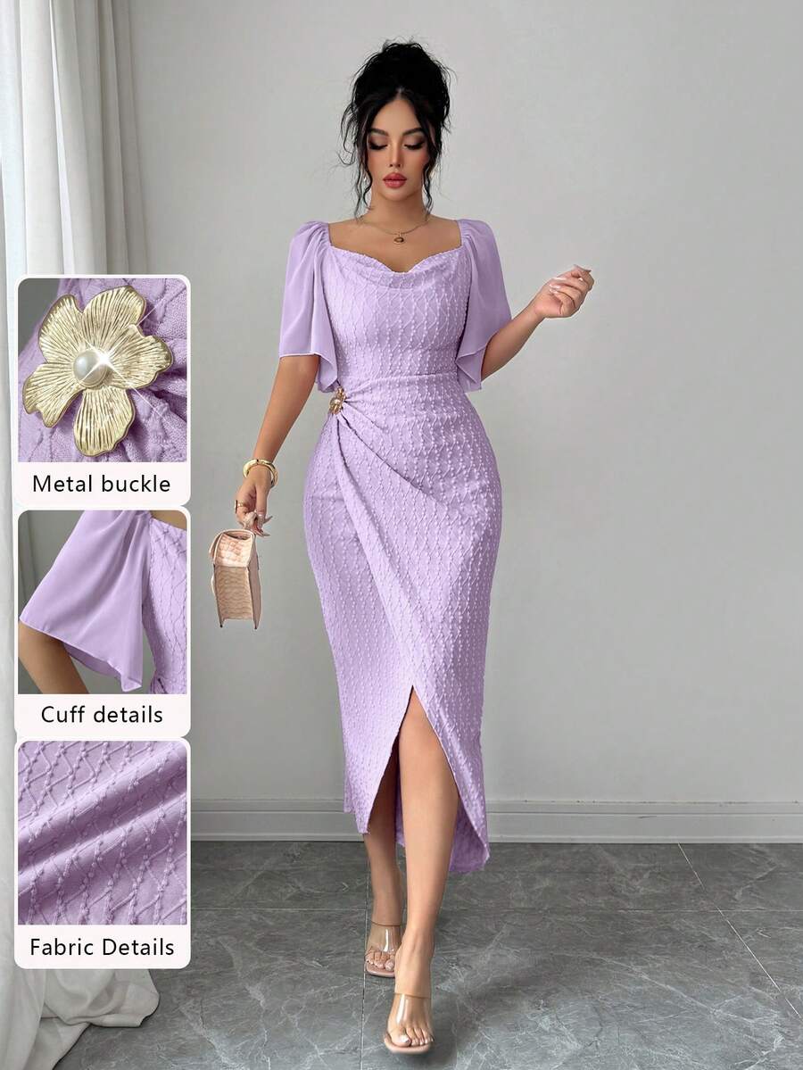 Modelyn Women's Metal Buckle Color Block Ruffle Collar Petal Sleeve Fitted Elegant Dress, Spring/Summer - Purple - View 1