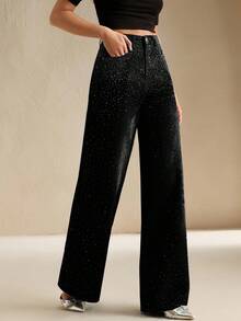 Anewsta Tall Quần jeans nữ ống rộng dáng suông đính đá lấp lánh, thích hợp mặc thường ngày. - màu đen - Xem 4