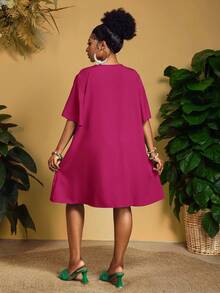 Slaydiva Đầm nữ tay ngắn bằng chiffon, cổ chữ V, dáng rộng, tay bồng, kiểu dáng thanh lịch, thường ngày hoặc công sở, thích hợp cho lễ Phục sinh/miền Tây. - Màu Hồng Tươi - Xem 2