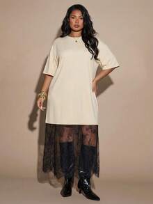 SHEIN BAE 大码女式黑色短袖蕾丝拼接宽松连衣裙，春夏款 - 杏色 - 查看 6