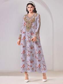Casual Minimalist Modest Floral Print Long Sleeve Arabic Dress - Multicolor - View 3