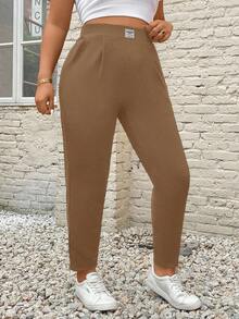 SHEIN PETITE CURVE Celana Panjang Wanita Ukuran Besar dengan Bordir Huruf dan Saku, Model Meruncing - Coklat - View 5