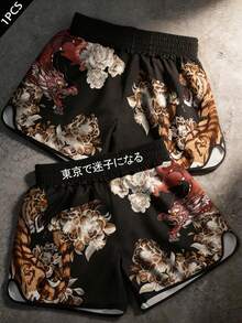 Manfinity EMRG 男士黑色龙虎花卉印花街头风拳击短裤，复古日系休闲夏季运动短裤，适合度假、音乐节、派对、日常通勤 - 彩色 - 查看 2