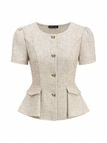 Ellevyn 女士单排扣A字通勤衬衫，适合日常穿着 - 杏色 - 查看 6