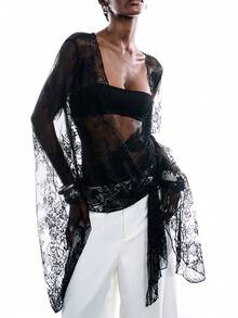 LYSMO 女士花卉蕾丝透视性感时尚衬衫 - 黑色 - 查看 1