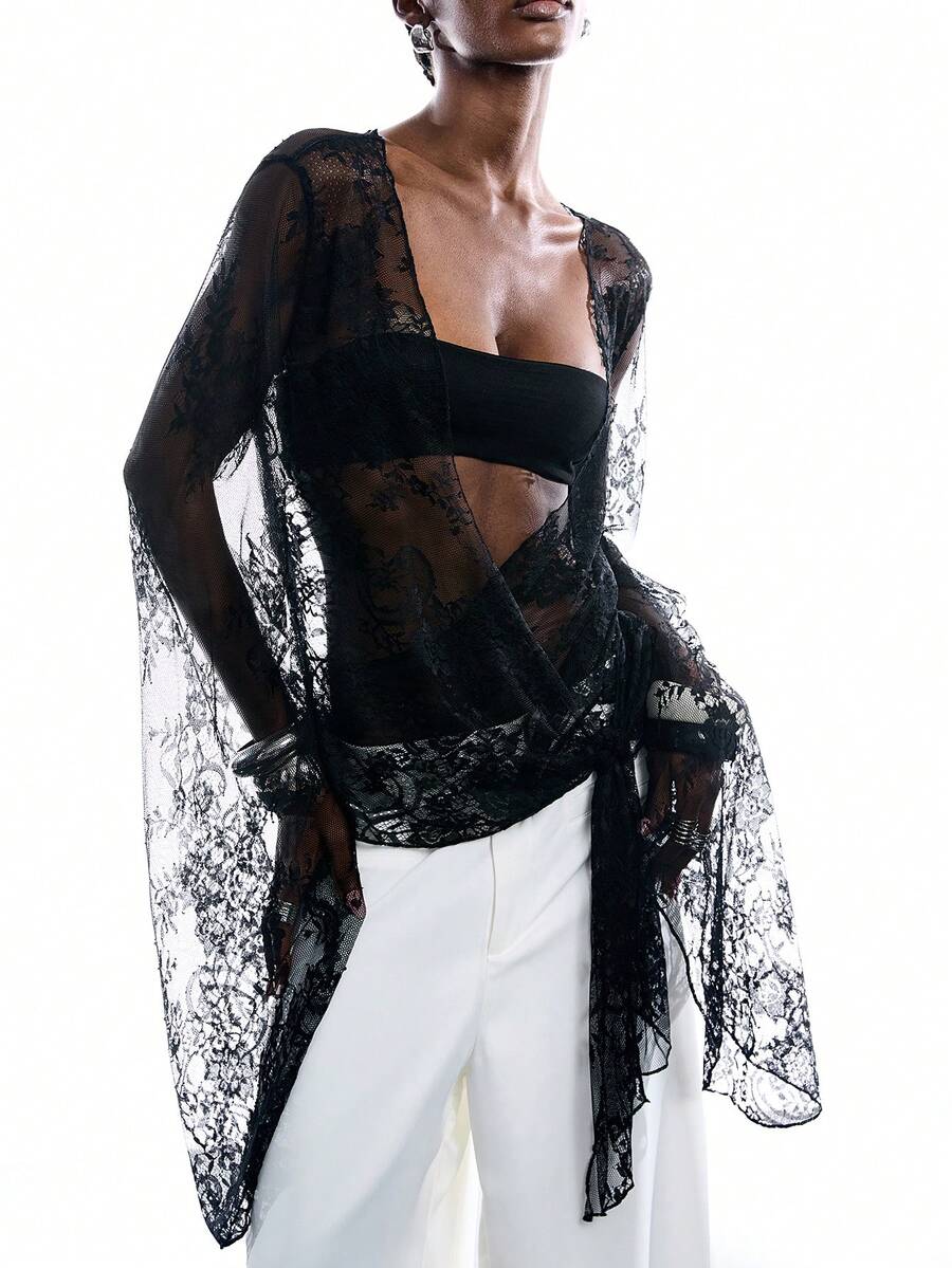 LYSMO 女士花卉蕾丝透视性感时尚衬衫 - 黑色 - 查看 1
