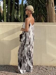 DAZY Bộ áo hai dây dáng chữ A rộng rãi và quần short dành cho nữ, chất liệu vải nhuộm tie-dye, phong cách nghỉ dưỡng bãi biển, thích hợp cho mùa xuân và hè. - Màu xanh lam - Xem 2