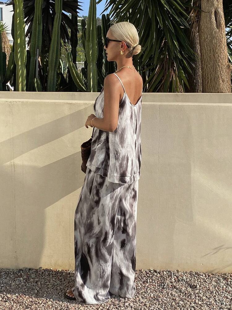 Women's Loose A-Line Camisole & Shorts Set, Tie-Dye Fabric, Vacation Beach Style, Spring & Summer