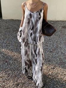 DAZY Bộ áo hai dây dáng chữ A rộng rãi và quần short dành cho nữ, chất liệu vải nhuộm tie-dye, phong cách nghỉ dưỡng bãi biển, thích hợp cho mùa xuân và hè. - Màu xanh lam - Xem 5