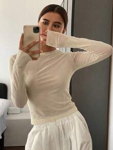 DAZY Women's Solid Color Round Neck Long Sleeve Fitted Fashionable Top Summer - Apricot - View 3