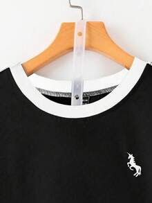 Everyssa Conjunto de 2 piezas de mujer con camiseta de cuello redondo con estampado bordado y ribete de contraste, y pantalones anchos de cintura elástica con bordado, de estilo casual - Multicolor - Ver 5