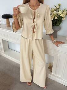 DAZY 宽松休闲沙滩度假风短款上衣和直筒裤两件套女装 - 杏色 - 查看 7