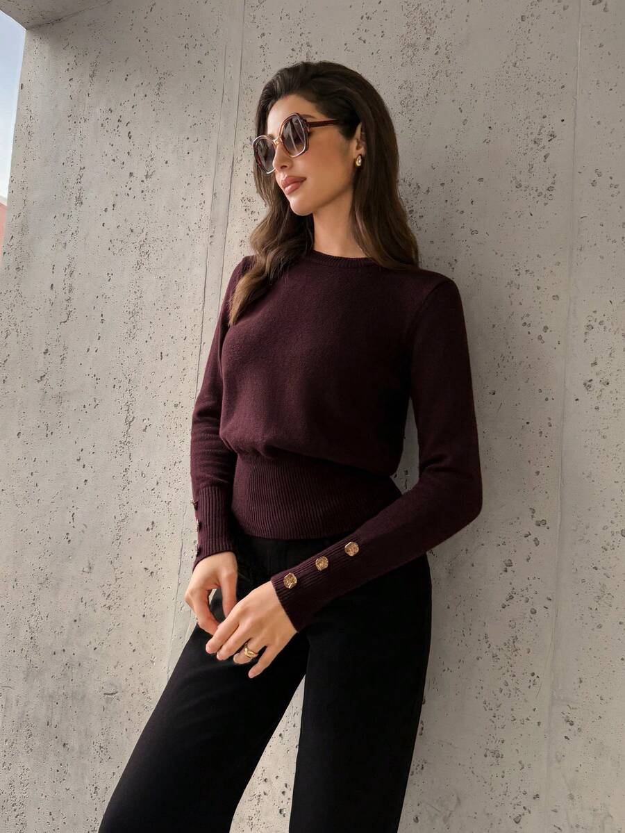 Firerie 女士新款酒红色圆领直筒袖收腰休闲金属纽扣针织衫，秋冬新款针织衫，短款毛衣，优雅日常通勤女士毛衣，简约基础款