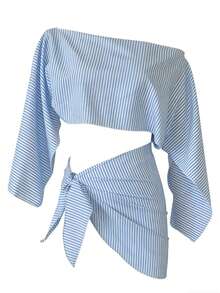 Swim Vcay Bộ đồ bơi hai mảnh nữ kiểu dáng thanh lịch, màu trơn, tay dài, cổ xéo, mẫu mới 2026, thích hợp cho kỳ nghỉ hè. - Xanh và trắng - Xem 5