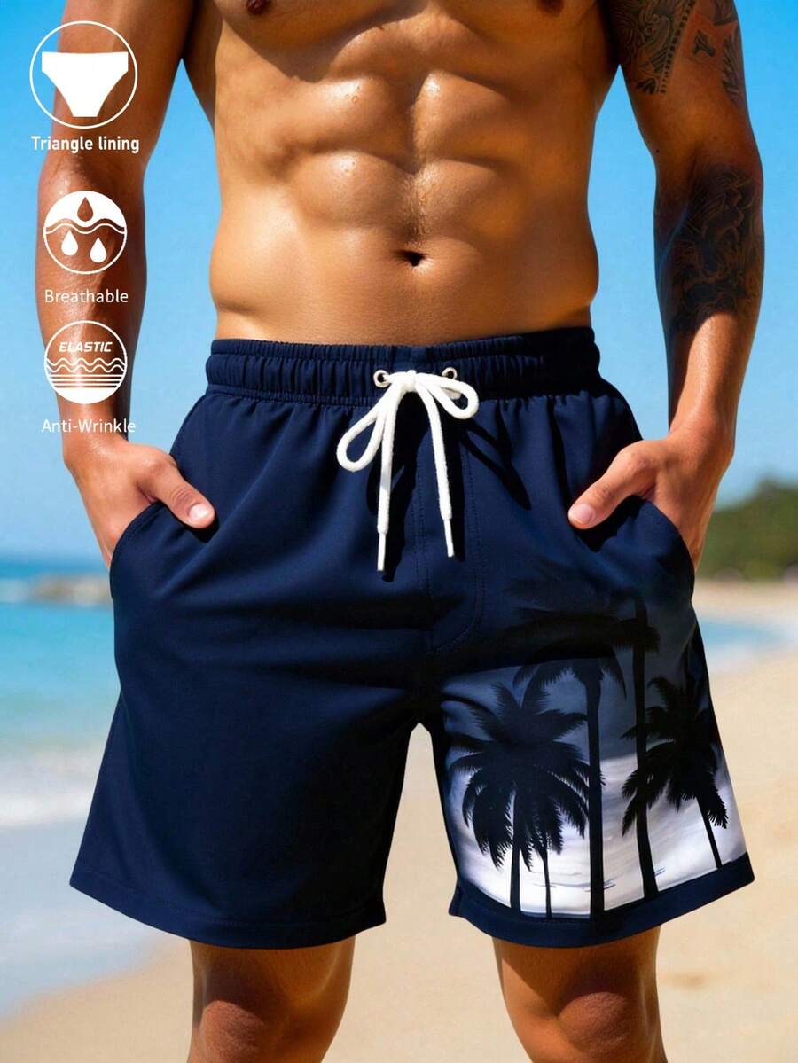 Manfinity RSRT Men's Summer Vacation Tropical Coconut Tree Print Drawstring Waist Beach Shorts Men Palm Tree Swim Shorts Men's Beachfront Trunks Swimming Shorts For Men Men's Bathing Suit Trunks - Navy Blue - View 1