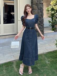 Square Neck Petal Sleeve Washed Button Women's Denim Dress - Dark Wash - View 4