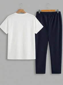 HIMLAND 男士春夏休闲纯色拼接短袖T恤长裤套装两件套 - 彩色 - 查看 3