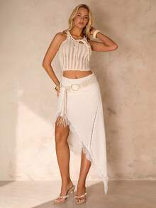 Glamine Women's High-Waisted Asymmetrical Hem Patchwork Lace Cutout Design Silky Long Skirt, Autumn Golf Pastal Girlisim - Beige - View 3