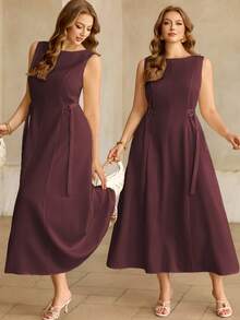 Roveilla Plus Size Women's Solid Color Boat Neck Sleeveless Maxi Dress With Waist Belt, Elegant French Retro Style For Office, Business, Casual, Beach, Party, Romantic, Spring/Summer Sleeveless Dress For Women Burgundy A-Line Dress Zanzea Dress For Women Ladies Dresses Plus Size Dress For Women - Maroon - View 3