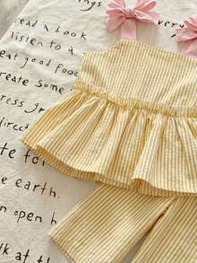 SHEIN LMoss Kids LMoss 女婴夏季可爱条纹吊带背心和松紧腰裤两件套 - 黃色 - 查看 4