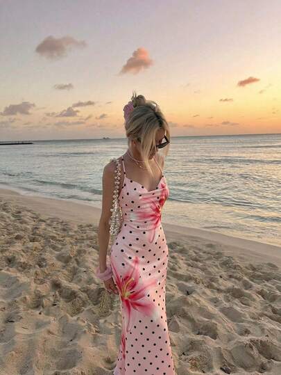 SHEIN MOD Đầm midi nữ thanh lịch họa tiết chấm bi và hoa, cổ bèo nhún, vạt đuôi cá.