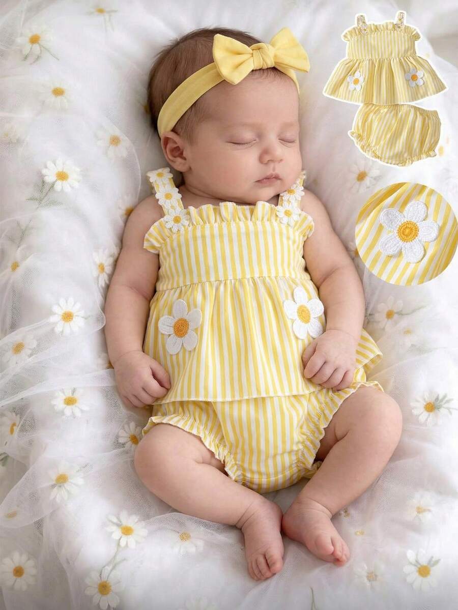 SHEIN Newborn Baby Girl Pastel Yellow Summer Cute Flower Embroidered Camisole Top And Triangular Shorts 2-Piece Set For Photo Shoot Outdoor Vacation - Yellow - View 1