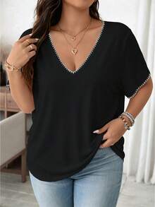 SHEIN LUNE Áo thun ngắn tay cổ chữ V họa tiết vỏ sò phối màu tương phản, phong cách tối giản thường ngày, dành cho phụ nữ cỡ lớn, thích hợp cho mùa hè. - Nhiều màu - Xem 7
