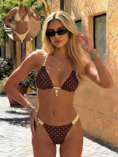 Swim Mod Women's Summer New Seaside Vacation Fashion Sweet Cute Contrast Polka Dot Print Reversible Halter Tie Back Sexy Bikini Set Set Summer Bikini Cute Swimsuits Polka Dot Bikini Polka Dot Bathing Suit