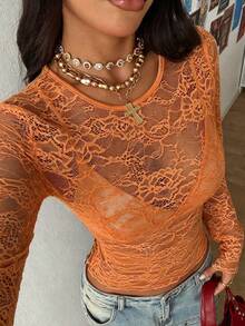 StreetHx Women's Black Lace Blouse - Burnt Orange - View 3