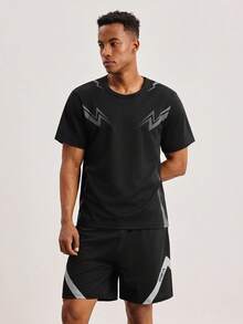 Driftmere 2pcs Men Summer Short Sleeve Set, Casual Sports Round Neck T-Shirt + Shorts Outfit - Black - View 1