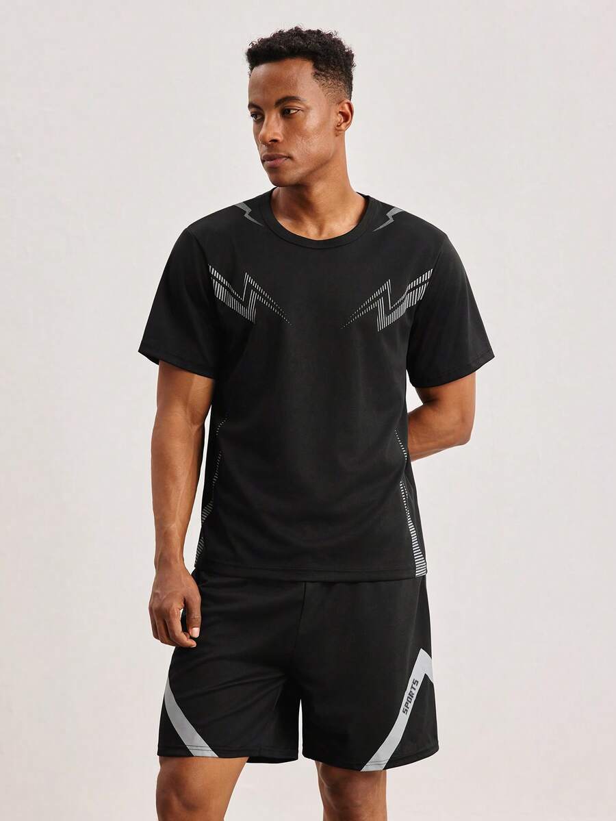 Driftmere 2pcs Men Summer Short Sleeve Set, Casual Sports Round Neck T-Shirt + Shorts Outfit - Black - View 1