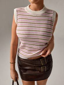 SHEIN Ribbed Pink And White Knit Sleeveless Top Clean Girl Aesthetic Vintage Casual-Inspired Body-Skimming Fit Lightweight Autumn Knit Essential Y2K Brunch - Multicolor - View 5
