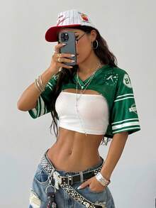 Coolane 女式街头运动休闲返校运动服休闲针织数字印花缎面光泽上衣Y2K服装青少年街头服饰上衣 - 綠色 - 查看 5