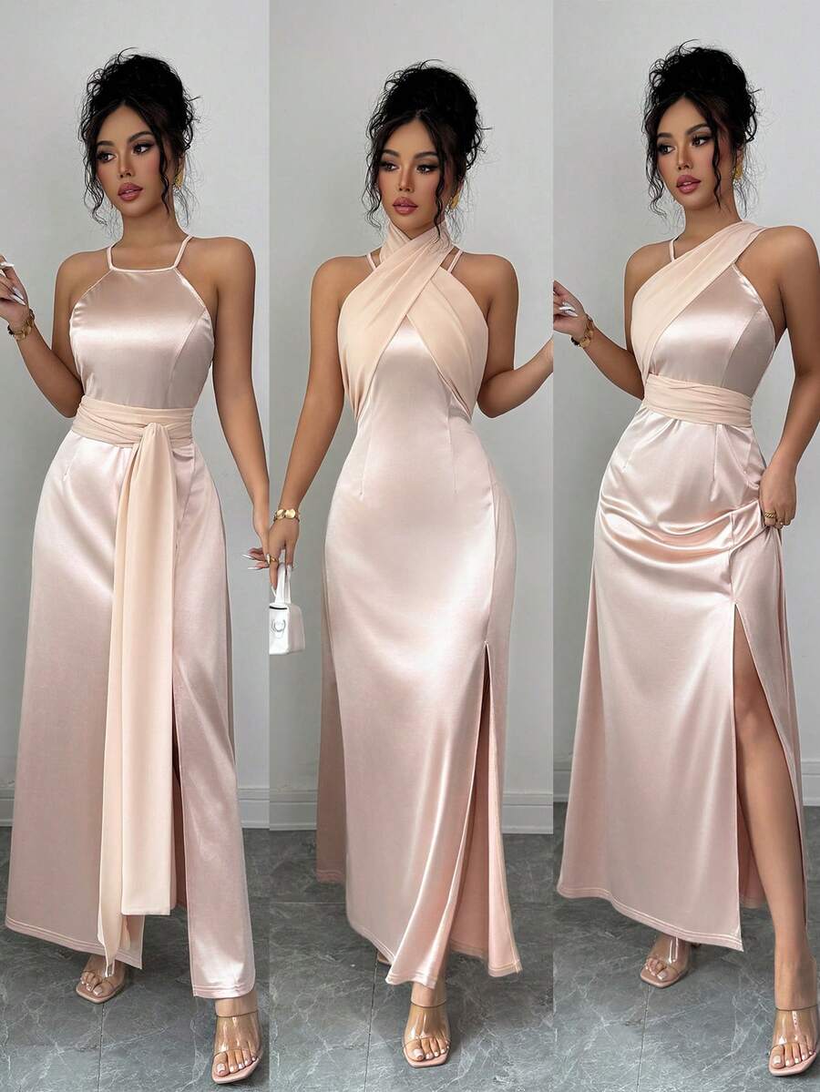 SHEIN Raffinéa Đầm phù dâu thanh lịch, tối giản, có thể biến tấu, một vai, xẻ tà, dáng dài ôm sát dành cho phụ nữ. - Rượu sâm banh - Xem 1
