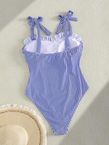 Swim Mod 2025 Blue & White Striped Ruffled Tie-Front One-Piece Swimsuit, Plus Size, Casual Floral Vacation Beach Style For Spring & Summer - Royal Blue - View 7