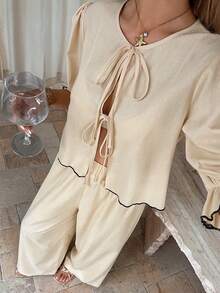 DAZY 宽松休闲沙滩度假风短款上衣和直筒裤两件套女装 - 杏色 - 查看 6