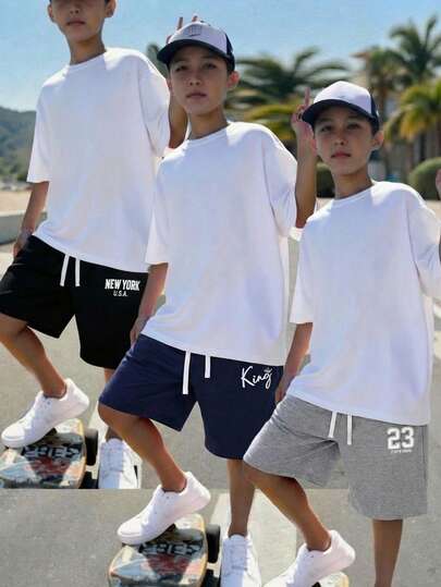 Bộ 3 quần short thể thao thường ngày cho bé trai, kiểu dáng "New York", "23", "King", in hình, màu đen, xám, xanh navy.