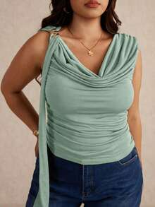 Elaquor Plus Size Women Solid Color Ruched Neck Casual Blouse - Mint Green - View 3