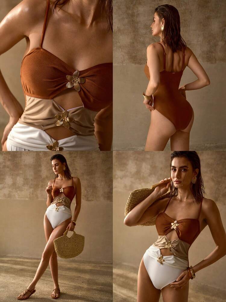 WOMEN'S SUMMER VACATION COLORBLOCK METAL DECOR ONE-PIECE SWIMSUIT