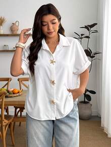 Enliva Plus-Size Women's Casual Loose-Fitting Shirt, Short-Sleeved White Shirt With Metal Star Buttons, For Apple And Rounded Body Shape - White - View 4
