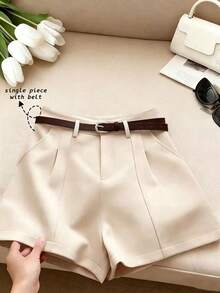 Franclia 女士法式简约时尚纯色杏色梭织短裤，休闲通勤风，配腰带；复古高腰A字阔腿；优雅女士短裤；休闲女士短裤；优雅；女士夏季；休闲裤；杏色短裤；夏季短裤 - 杏色 - 查看 4