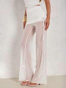 Glamine Summer Pure Desire Style White Sheer Mesh Long Pants For Women, High Waist With Side Drawstring Ruched Design, Slimming Butterfly Applique Flare Leg Y2K Sexy Trousers, Versatile Elegant Casual Pants For Beach Vacation, Date & Commute - White - View 3