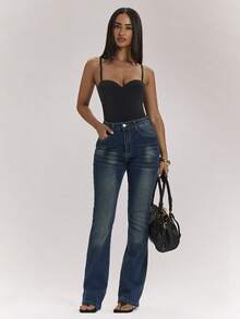 SHEIN BAE Áo corset đen thanh lịch, gợi cảm với mút ngực tích hợp, phù hợp với áo đen, kiểu dáng cơ bản, áo bustier ôm sát, áo khoác ngoài, trang phục công sở, mùa xuân/hè. - màu đen - Xem 4