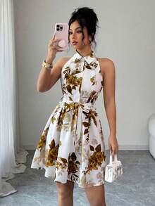 Vestido elegante y romántico sin mangas con estampado floral diminuto y recogido en la cintura en forma de línea A para mujeres - Multicolor 9 - Ver 3