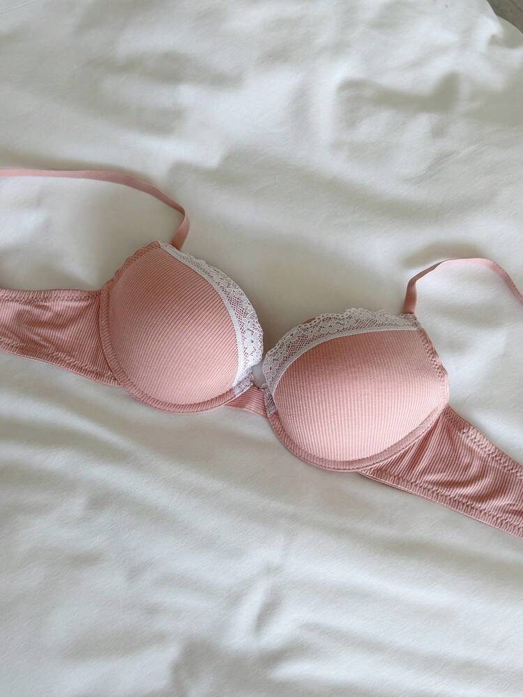 Lace Patchwork Adjustable Spaghetti Strap Slight Push-Up Bra For Women