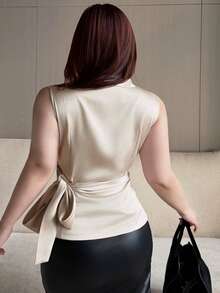 Dazy Plus Sleeveless V-Neck Tie Satin Versatile Commuting Business Casual Plus Size Women's Tank Top, Spring/Summer - Silver - View 2