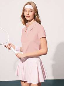 Courtclass 女士纯色短袖 Polo 衫 - 半拉链撞色运动上衣，适合网球、高尔夫训练、跑步和健身 - 粉色 - 查看 3