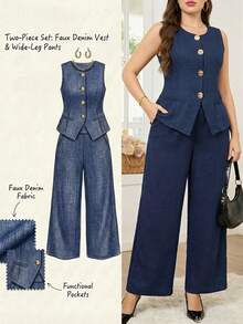 SHEIN Clasi Bộ đồ công sở thanh lịch cỡ lớn, màu trơn gồm áo vest và quần, 2 món, thích hợp cho mùa hè. - Màu xanh lam - Xem 2